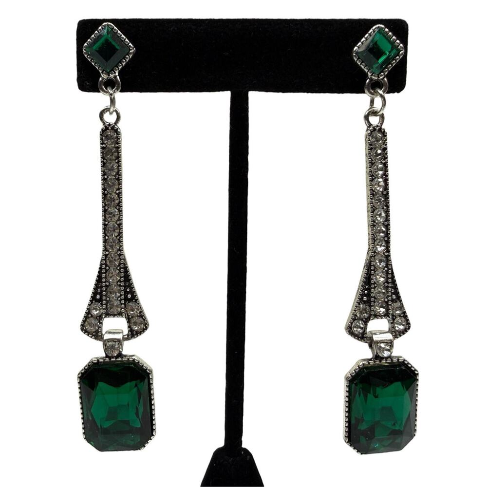 Art Deco Style Emerald Green Crystal Dangle Drop Earrings Silver Tone 3.5 in - Picture 2 of 6